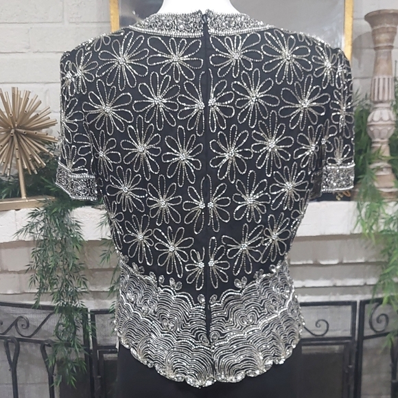 Vintage Laurence Kazar Black Sequin Silk Beaded Blouse Women's Sz L Evening Top - Picture 8 of 12